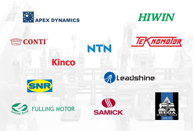 logo of componenet manufacturers: Hiwin, Apex Dynamics, Conti, NTN, Teknomotor, Kinco, Leadshine, SNR, Fulling Motor, Samik, Bega