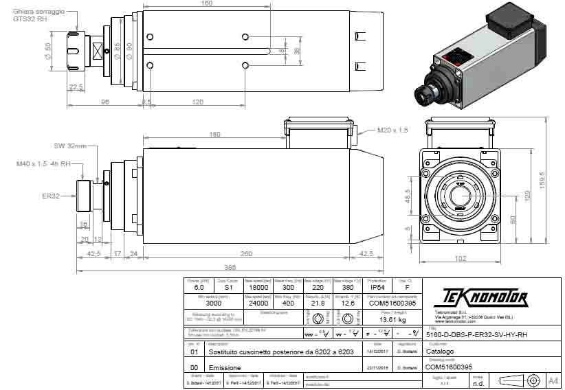 5160-D-DBS-P-ER32-SV-HY-RH-6.0KW-220/380V-300HZ 18000RPM  Motor spindle