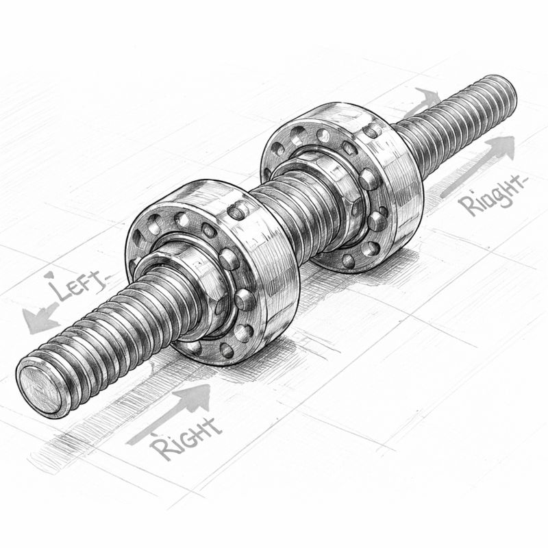 Ball screw with left-hand and right-hand threads RL on the same shaft.