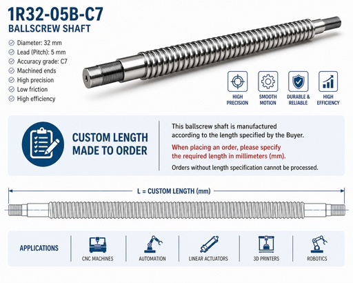 [R32-5-MM-0.05 (BD3.175)] 1R32-05B-C7 in mm Rolled Ballscrew Shaft