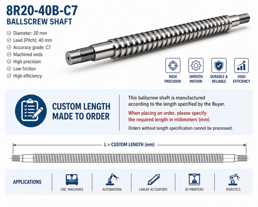 [R20-40-MM-0.05 (BD3.175)] 8R20-40B-C7  in mm Rolled Ballscrew Shaft